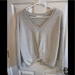 Lush twist front grey striped sweater sz L